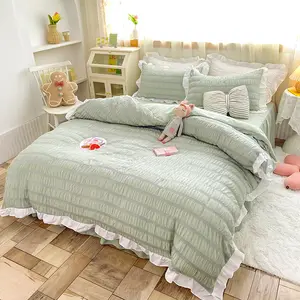 Algodón lavable de Color puro 4PCS Estudiante de alta calidad Estilo coreano Sábana de moda Juego de cama de burbujas impreso