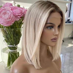 Perruque BOB Courte en Cheveux Humains Vierges de Haute Qualité, Blond Platine Raides avec Racines Foncées, Balayage Brun, Cheveux de Bébé, Perruque Lace BOB - Product Image 3