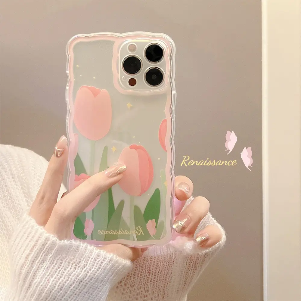 Veelkleurige Schattige Creatieve Groot Hart Golvende Rand Gevoelige Tulpen Telefoonhoesje Voor Iphone 13 14 Pro Max Hoesje Xs Max Xr X Xs Hoesje