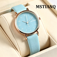 Montre pour femme à bracelet en cuir bleu ciel au design minimaliste, boîtier en alliage doré, montre à quartz décontractée pour étudiante