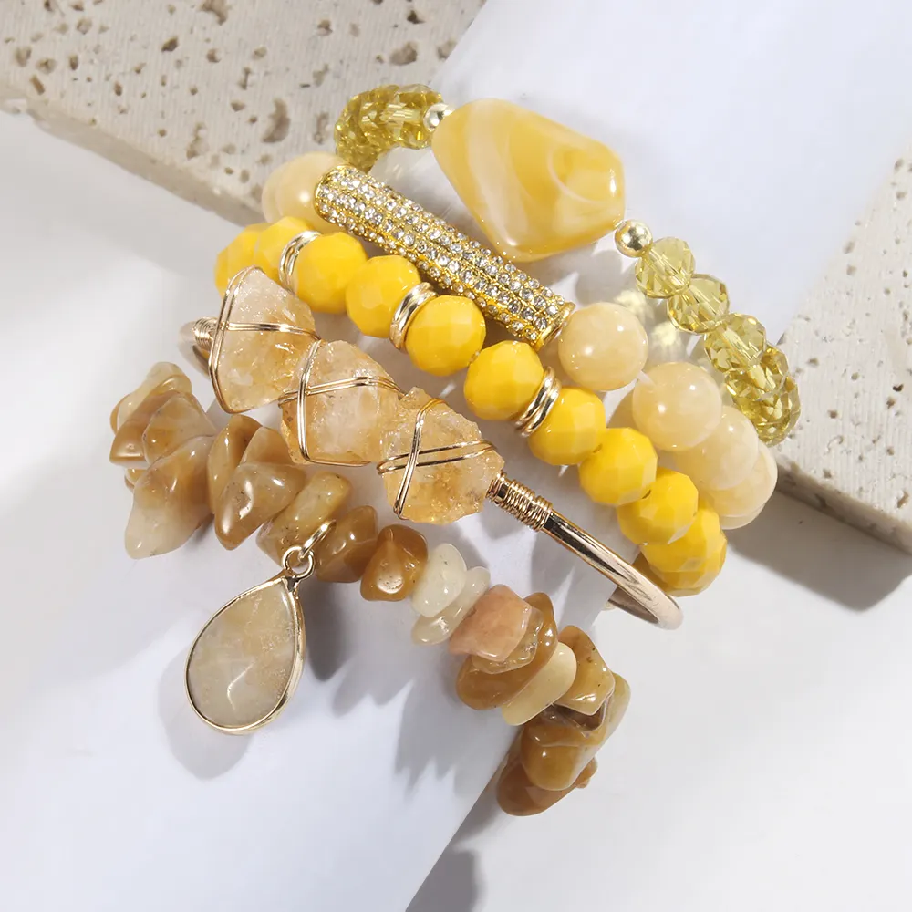 Custom Boho Women Jewelry 5pcs Gemstone Crystal Glass Acrylic bracelet Irregular Stone Bangle Drop Stone Stack Bracelet Set