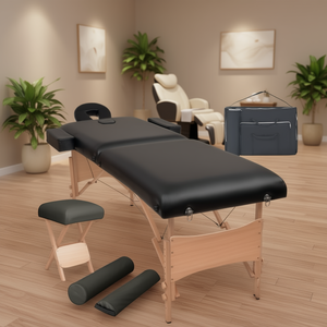 Table de massage pliable à 2 zones, épaisseur 3,9 pouces, avec tabouret, cadre en bois noir, éponge haute densité, appui-tête intégré - Product Image 2