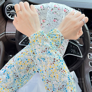 Mangas de seda con estampado floral para mujer, protección UV elástica de manga larga para verano, ciclismo, trabajo, ajuste holgado, talla grande - Product Image 3