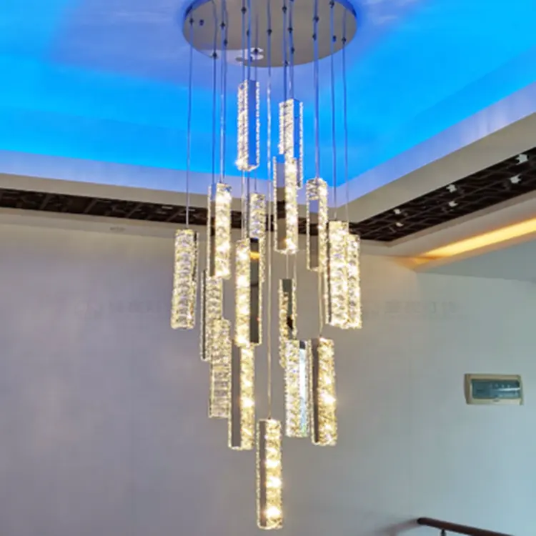 Custom stylish hanging modern luxury large high long staircase led crystal pendant light