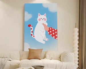 Impression sur toile murale Chat blanc mignon, queue à pois, main à manches rouges, ciel bleu et nuages, décor de chambre d'enfant fantaisiste pour la maison et le salon - Product Image 2