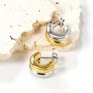 Trendy 18K <b>Gold</b> Plated Two-tone Double-layer <b>Chunky</b> C <b>Hoop</b> Earring Stainless Steel Jewelry Wholesale Stud Earrings for Women - Product Image 4