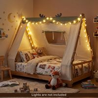Cama individual de diseño rústico con tela de terciopelo holandés, cama de suelo de madera para niños con forma de casa, con ventana, valla y barandillas de seguridad