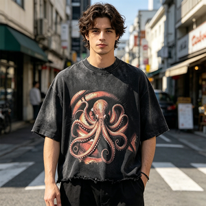 Camiseta Corta de Corte Cuadrado para Hombre, Estilo Vintage, Lavado Ácido, Desgastada a Mano, Impresión DTG, OEM ODM, Logotipo Personalizado, Ropa Urbana de Algodón - Product Image 3