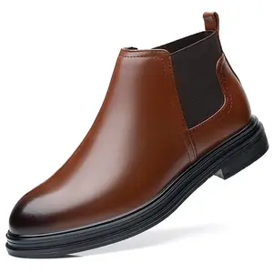 热销春季男士pu真皮踝靴高底橡胶棕色正装鞋男士正装皮靴L202
