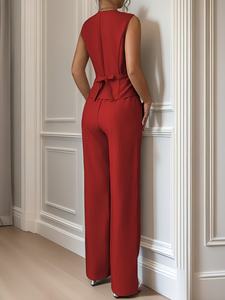 <strong>Women's</strong> Casual Summer 2-Piece Set Solid Pattern <strong>Waistcoat</strong> <strong>and</strong> Knee <strong>Trousers</strong> Plain Dyed One-Set Outfit - Product Image 2