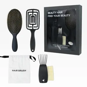 Custom logo 3 In 1 Packing Colorful Boar Paddle Brush Ceramic Detangling Hairbrush Hair Extension Brush And Comb Set