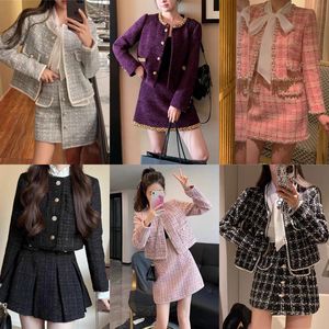 Completo Blazer Tweed corto floreale e minigonna da donna completo Casual 2 pezzi <span class=keywords><strong>con</strong></span> decorazione in <span class=keywords><strong>pizzo</strong></span> a lunghezza corta - Product Image 1