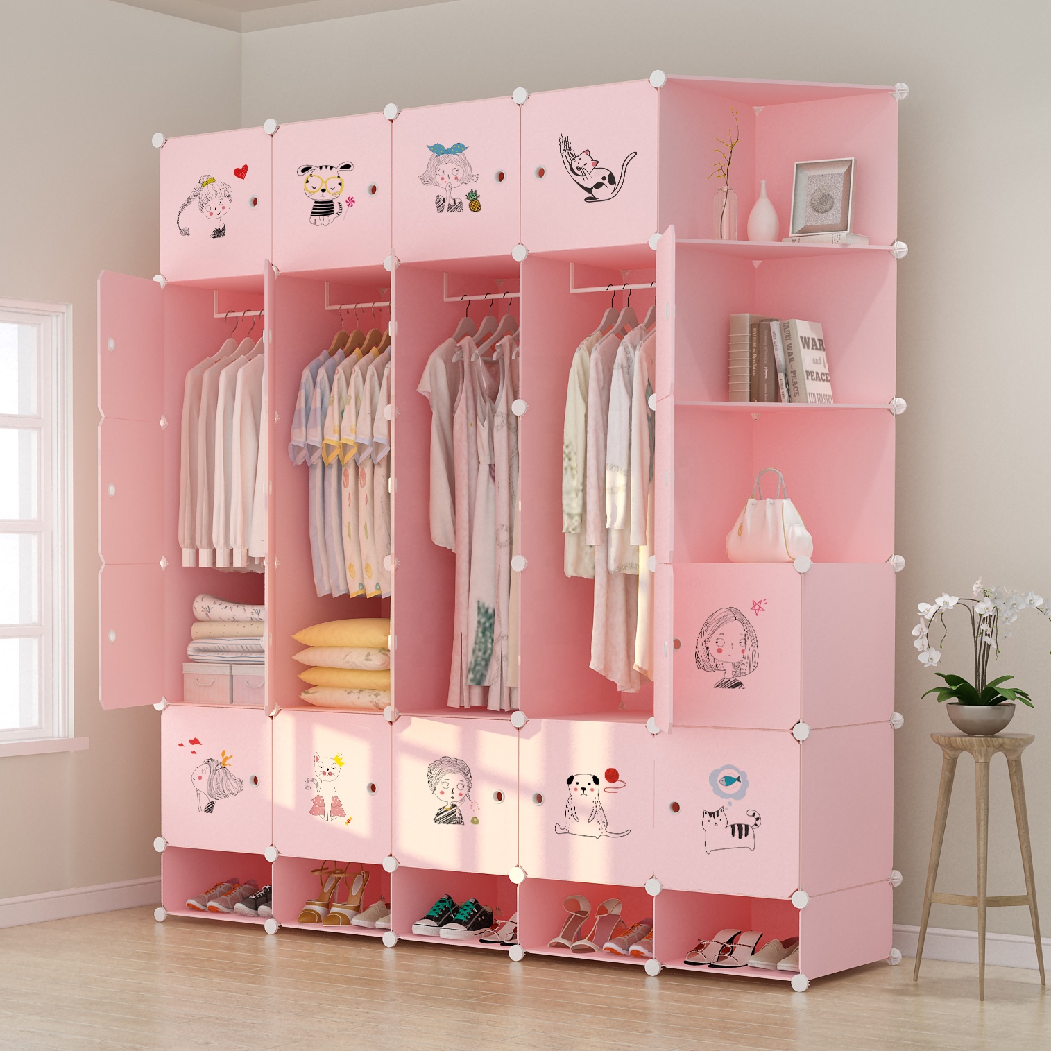 Roze Plastic Garderobe Opbergdoos Kubus Garderobe Kinderen Assembleren Plastic Draagbare Garderobe Closet Organizer