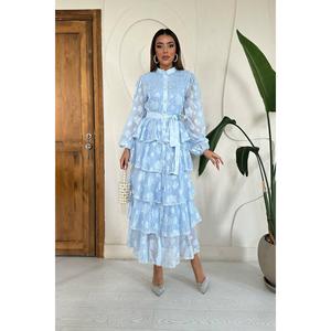 Robe trapèze superposée bleu ciel à taille naturelle en tissu translucide pour usage quotidien décontracté - Product Image 5