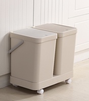 Poubelle de cuisine à roulettes 3-en-1 en plastique à double bac avec couvercle, séparation sec/humide et bac de rangement