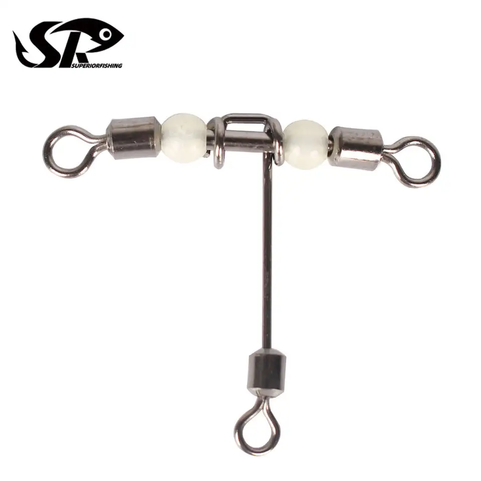 SUPERIORFISHING T-Shape Cross-line Rolling Swivel with Pearl Beads Stainless Steel Luminous Fishing Accessory 1062