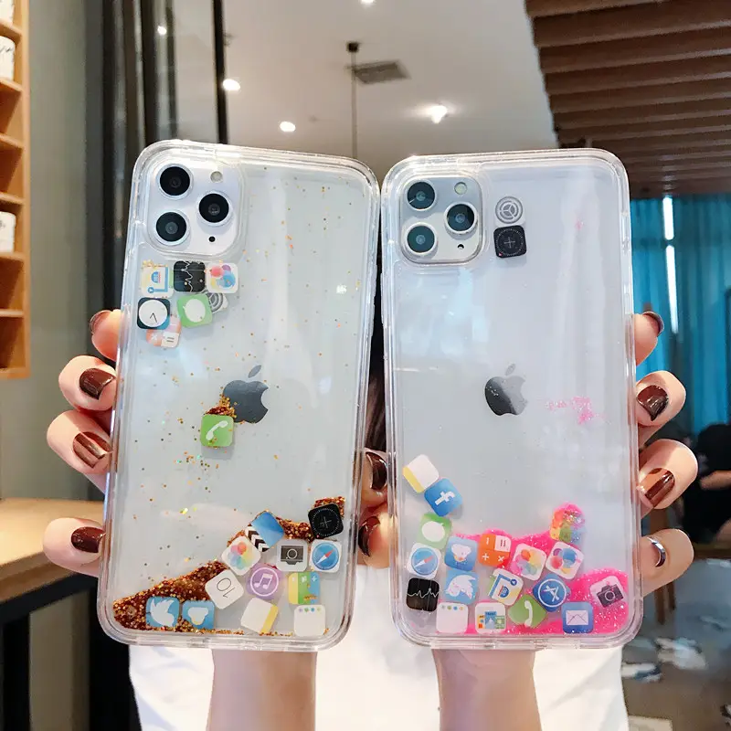 For iPhone 11Po Case Stylish Funny Mobile Application Icons Phone Case For iphone 11 Flashing Dynamic Liquid Quicksand Back Case