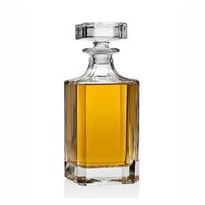 زجاجة الويسكي 750 مل زجاجة مربعة الشكل تقليدية شفافة زجاجة نبيذ وفودكا وكحول ويسكي بغطاء زجاجي