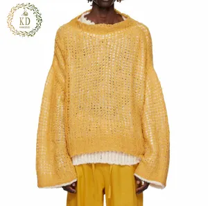 KD Knitwear Manufacturer OEM Round Neck Layered Construction Hole Mesh Open Knit Alpaca Wool Blend Yellow Double Layer Sweater
