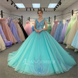 Robe de Quinceañera vert aqua avec appliques, dos nu, robes de bal d'anniversaire Dy1355 - Product Image 1