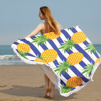Nouvelle Grande Serviette de Plage Circulaire en Microfibre pour l'Été, Serviettes de Plage Rondes Personnalisées Imprimées Ananas avec Pompons