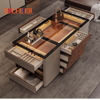 Îlot de Dressing de Style Français avec Éclairage LED, Coiffeuse en Acier Inoxydable avec Tiroirs à Bijoux, Vestiaire de Luxe