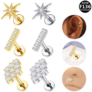 Clous d'oreilles en titane avec incrustation de zircon étoile ASTM F136 pour piercing d'oreille ou de lèvre, usage quotidien - Product Image 1