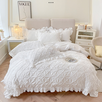 Ensemble de literie de luxe à plis pincés Queen Size léger doux élégant géométrique froncé fleurs ensemble de lit avec volant