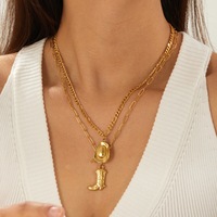 Collier Botte de Cowboy Western en Acier Inoxydable Plaqué Or PVD 18K, Anti-ternissement, Double Chaîne avec Fermoir à Bascule, Pièce Détachée