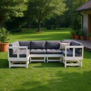 Conjunto de Sofás de Esquina para Jardín, Modular, Compacto, de Madera de Pino Sólido Blanco, Muebles de Exterior de Diseño Contemporáneo - Product Image 2