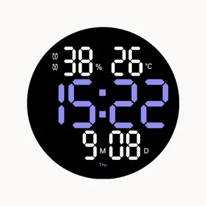 Horloge murale à LED coréenne, horloge circulaire simple, silencieuse, numérique, température et humidité, calendrier lunaire, horloge électronique, 12 pouces/