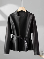 3108 haute qualité noir manches longues col montant femmes veste en cuir véritable avec ceinture