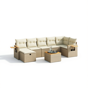 Conjunto de Sofá de Jardín de 7 Plazas en Poliratán Beige con Fundas Extraíbles, Muebles de Exterior de Diseño Contemporáneo - Product Image 1