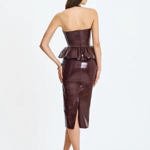 Robe Midi Vintage en Cuir Plissé à Col Halter Plongeant et Taille Haute pour Femme, Sans Manches, Fendue au Dos – Grande Vente - Product Image 2