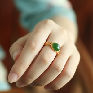 Simulated Hetian Jade Ring Gold Plated Cabochon Adjustable Unisex Jewelry Gift - Product Image 4