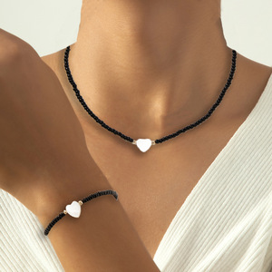 European and American cross-border black seed bead white water pattern mother-of-pearl heart <b>bracelet</b> and necklace <b>set</b>, - Product Image 2