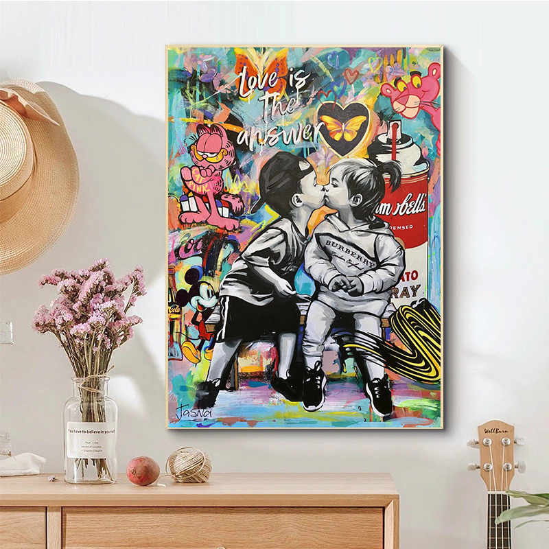 Love is Answer Boy Kiss Girl Love  Cartoon Graffiti wall Street Pictures Canvas Painting For home Decor Cuadros Living room