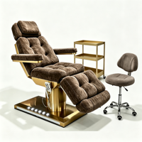 Fauteuil de beauté chauffant électrique en velours à 3 moteurs, lit facial inclinable avec base dorée, chaise de salon avec tabouret et chariot pour institut de beauté et spa