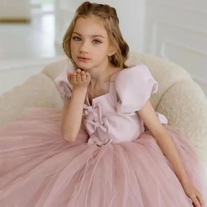 Abiti da Damigella Personalizzati con Colletto Quadrato e Fiocco, Lunghezza a Terra, Elegante Vestito da Prima Comunione e Cerimonia per Bambine - Product Image 2