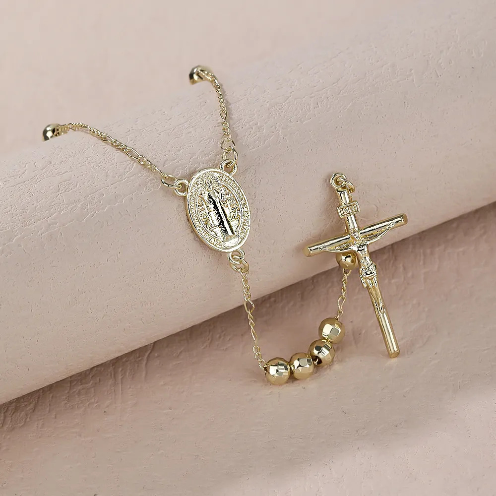 Kalung rosario rantai manik-manik salib mode religius berlapis emas 18K