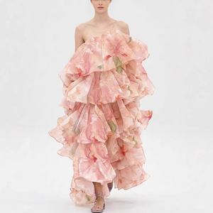 SS093 Nuovo Abito da <span class=keywords><strong>Sera</strong></span> Elegante in Chiffon Stampato con Spalle Scoperte, Stile Europeo-Americano, Lunghezza a Terra, per Donna - Product Image 3