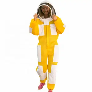 High quality beekeeping bee suit of full mesh ventilated bee suit with round hat (white and yellow color)
