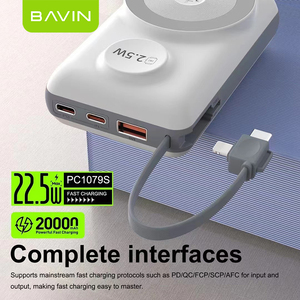 BAVIN Powerbank personnalisé 22,5W <span class=keywords><strong>20000mAh</strong></span> PC1079s Charge rapide sans fil 20000 Mah Power Bank avec câbles pour téléphone - Product Image 5