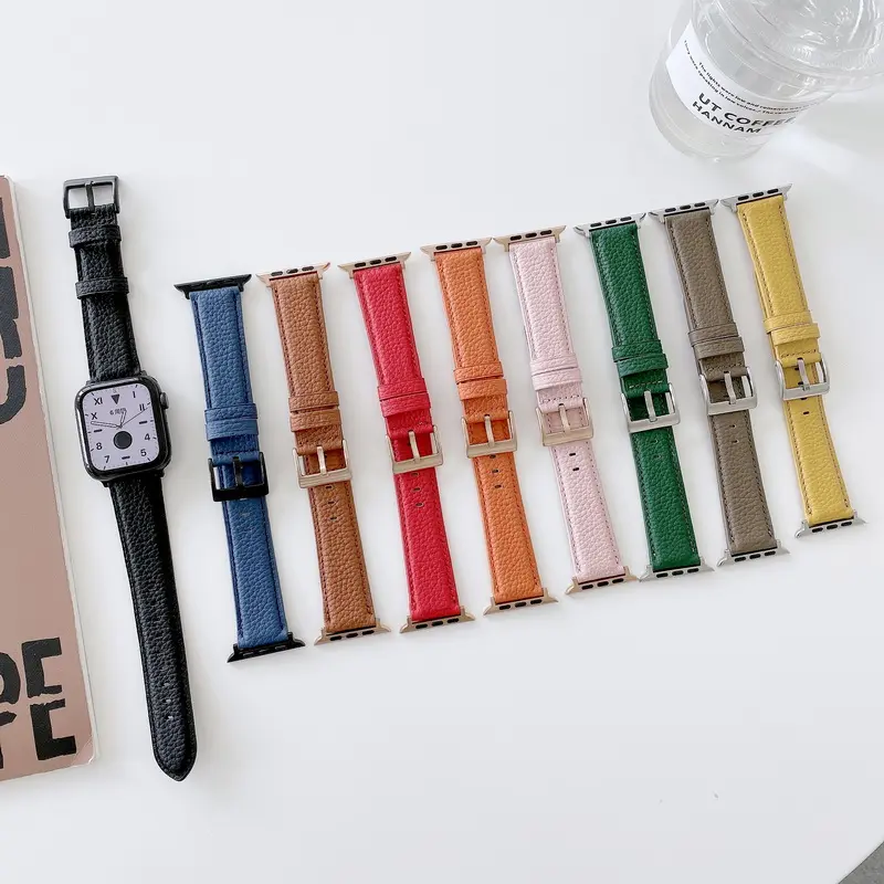 Lichee Pattern leather band for apple watch series 6/5/4/3/2/1/SE iwatch soft cow leather strap with buckle thread stitching