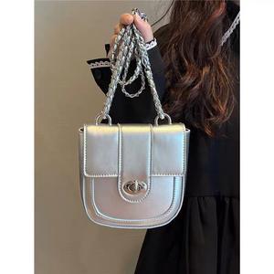 Silver Black Chain Shoulder Bag With <b>Lock</b> Closure For Everyday Use Women's Crossbody Saddle Bag Solid Color Design - Product Image 1