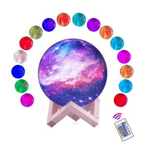 USB Rechargeable Galaxy Lamp 5.9 Inch 16 Colors Led 3D Star Moon Night Lights With Wood Stand For Children Girls Boys Baby Kids