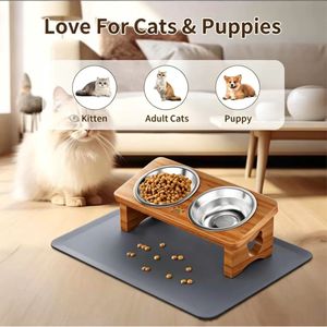 Comedero Doble Elevado de Madera para Mascotas, para Gatos y Cachorros, con Diseño de Soporte para el Cuello - Product Image 3