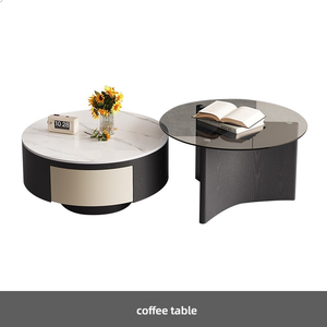 Set di Tavolini da <span class=keywords><strong>Caffè</strong></span> Moderni Rotondi con Cassetto in Pino e Piano in Pietra Sinterizzata, Tavolo Centrale per Soggiorno, Arredamento di Lusso - Product Image 5