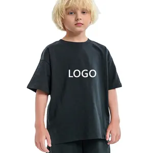 Logo Customize 100% Cotton Blank Plain T-Shirt For Kids Fashion Tee Teen Boys Solid Black Color Oversize Drop shoulder t shirts