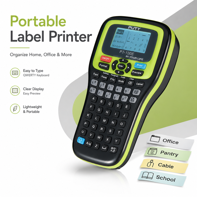 PT-100E Handheld Label Maker Portable Label Printer with QWERTY Keyboard Auto Cutter 6/9/12mm Tape Without battery